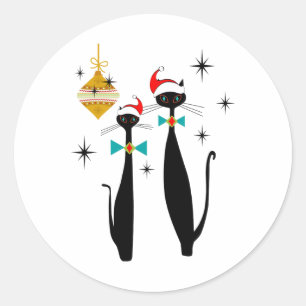 Retro Midden Eeuw Modern Koele Kat Kerstmis Ronde Sticker