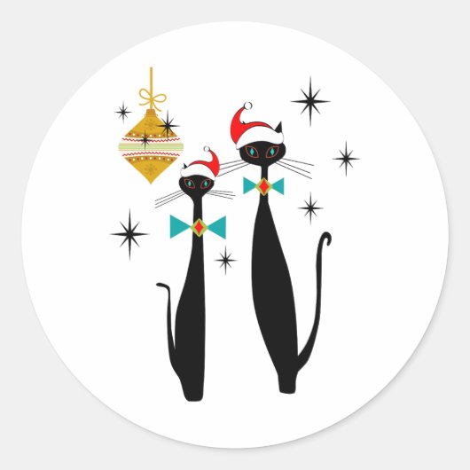 Retro Midden Eeuw Modern Koele Kat Kerstmis Ronde Sticker (Voorkant)