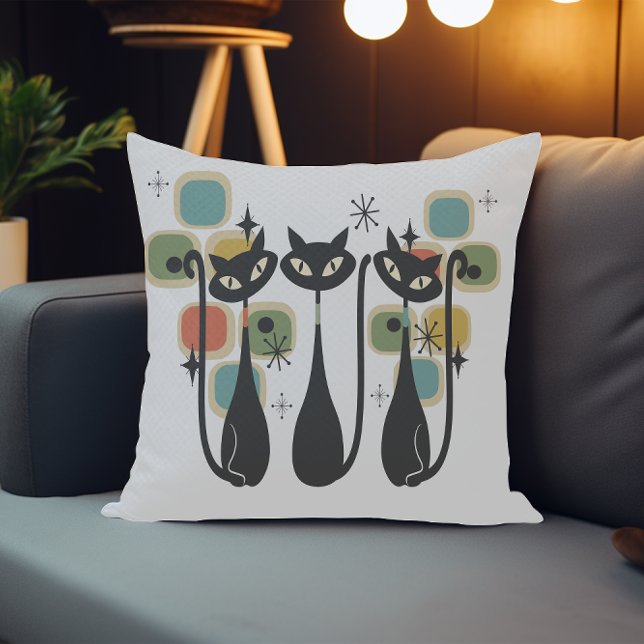 Retro Midden Eeuw Zwart Atomaire Katten  Kussen (Retro Mid Century Black Atomic Cats Throw Pillow)