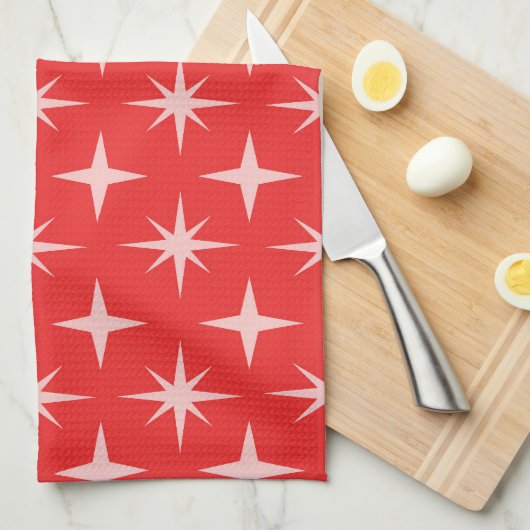 Retro Midden Eeuwse Atoomsterren Patroon op Rood Theedoek (Quarter Fold)