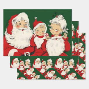 Retro Midden-Eeuwse Kerstman Familie – Kitsch Clau Inpakpapier Vel