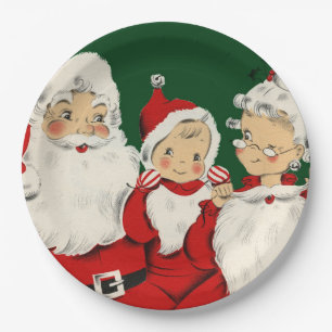 Retro Midden-Eeuwse Kerstman Familie – Kitsch Clau Papieren Bordje