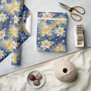 Retro Middenblauwe Poinsettia Kerstmis TMF26 Cadeaupapier