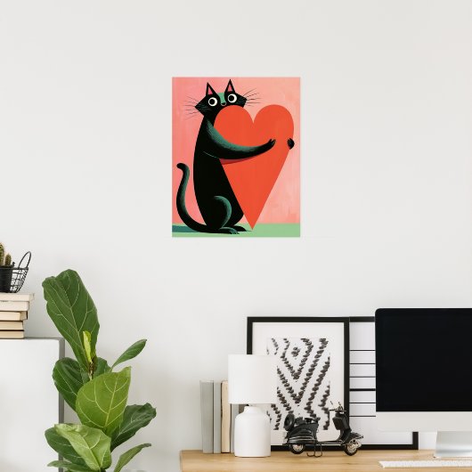 Retro Middeneeuwse Zwarte Kat Knuffelt Hart Poster (Thuiskantoor)