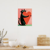 Retro Middeneeuwse Zwarte Kat Knuffelt Hart Poster (Keuken)