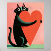 Retro Middeneeuwse Zwarte Kat Knuffelt Hart Poster (Voorkant)