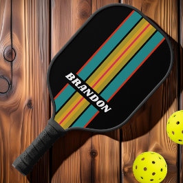 Retro Middernacht Regenboog Rallystrepen met Naam Pickleball Paddle
