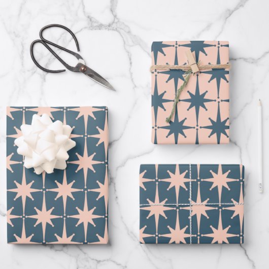 Retro Mideeuw Modern 50s Starbursts Blauwgroen Inpakpapier Vel (Voorkant)