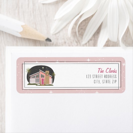 Retro Mideeuw Modern Roze Kersthuis Etiket (Insitu)