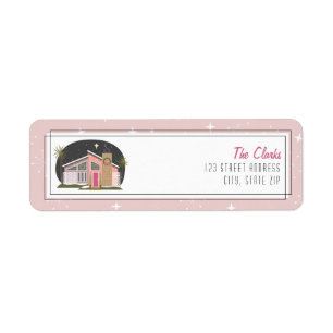Retro Mideeuw Modern Roze Kersthuis Etiket