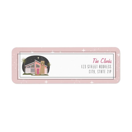 Retro Mideeuw Modern Roze Kersthuis Etiket (Voorkant)