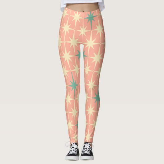 Retro Mideeuw Modern sterrenpatroon zwart roze Leggings (Voorkant)