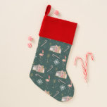 Retro Mideeuwse kerstroze Huis Palm Trees Kerstsok<br><div class="desc">Patroon met illustraties van een modern roze huis met een moderne stijl met kerstverlichting,  palmbomen,  sneeuwvlokken,  vlammen en sneeuwvlokken.</div>