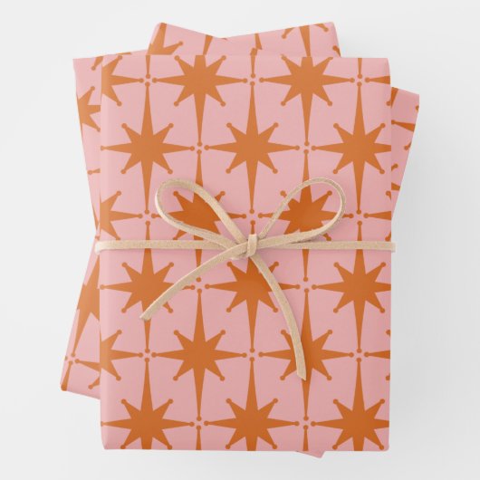 Retro Mideeuwse Starbursts Patroonroze en Oranje Inpakpapier Vel (In situ)