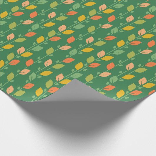 Retro Midmod Folk Art Bladeren op Groen Cadeaupapier (Hoek)