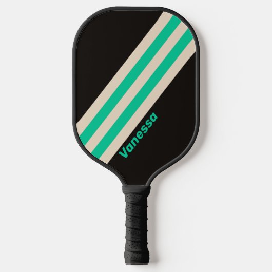 Retro Midnight Mint Stripes met naam Pickleball Paddle (Voorkant)