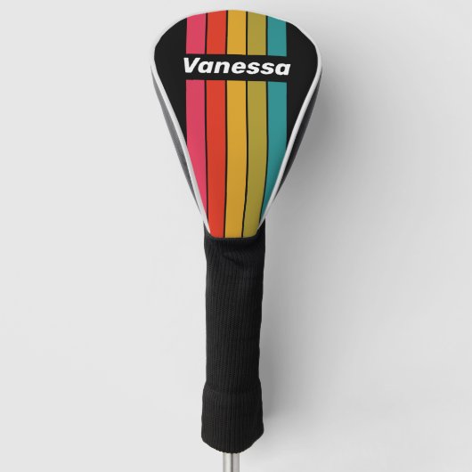 Retro Midnight Regenboog Speld Gestreept met Naam Golfheadcover (Voorkant)