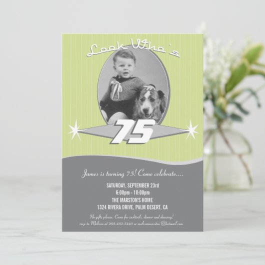 Retro Milestone Birthday Party Photo Uitnodiging (Staand voorkant)