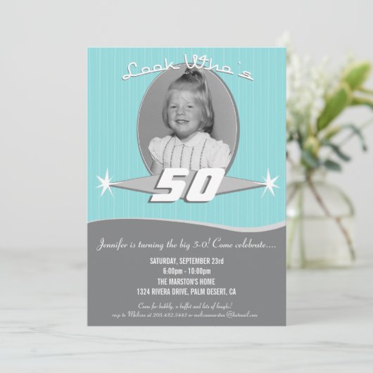 Retro Milestone Birthday Party Photo Uitnodiging (Staand voorkant)