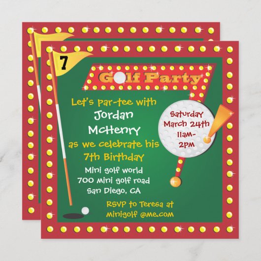 Retro Miniature Golf Party Invitation Kaart (Voorkant / Achterkant)