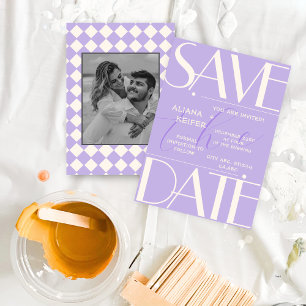 Retro Minimal geruit patroon Paarse bruiloft Save The Date