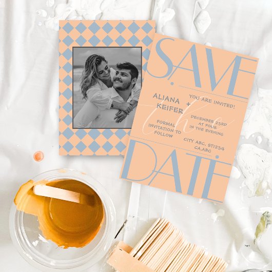 Retro Minimal geruit patroon perzik bruiloft Save The Date