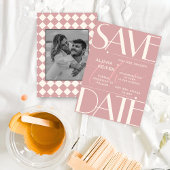Retro Minimale geruit patroon Roze bruiloft Save The Date