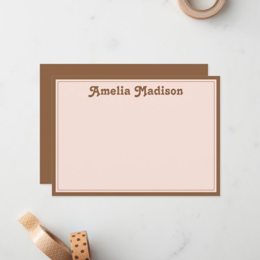 Retro Minimalist Blush Pink Brown Notitiekaartje (Voorkant / Achterkant in situ)