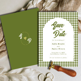 Retro Minimalist Olive green Arch Checker Wedding Save The Date