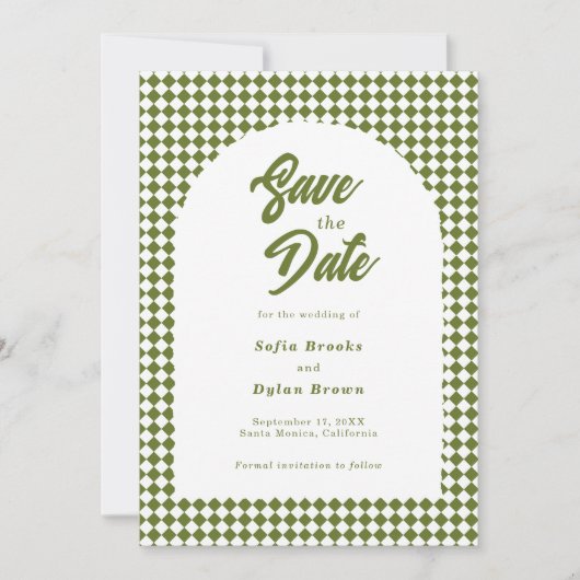 Retro Minimalist Olive green Arch Checker Wedding Save The Date (Voorkant)
