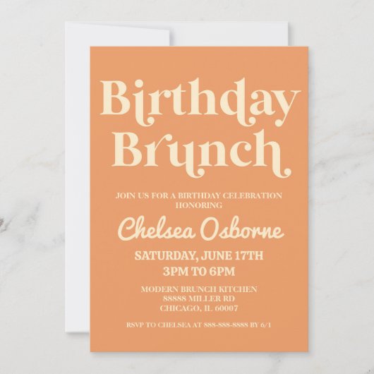 Retro Minimalist Oranje Birthday Brunch Party Kaart (Voorkant)