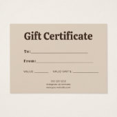 Retro Minimalistisch Bruin Beige Certificaat Visitekaartje (Achterkant)