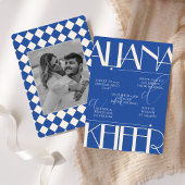 Retro minimalistisch geruit patroon blauw bruiloft kaart