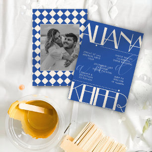 Retro minimalistisch geruit patroon blauw bruiloft kaart