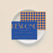 Retro minimalistisch geruit patroon blauw bruiloft RSVP kaartje