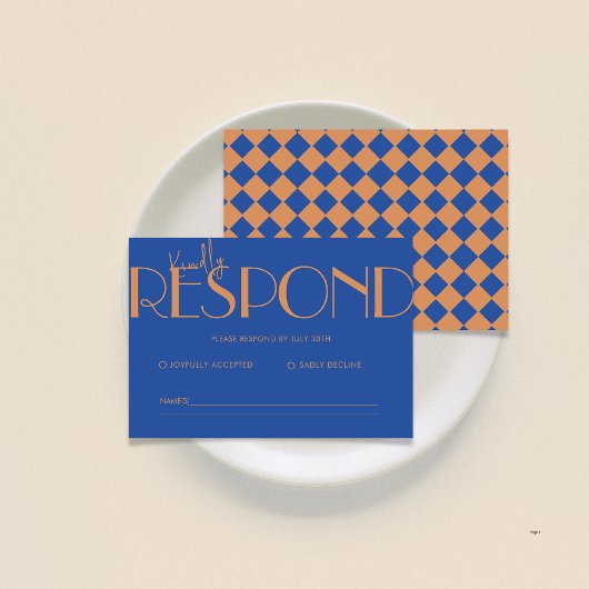 Retro minimalistisch geruit patroon blauw bruiloft RSVP kaartje