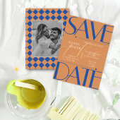 Retro minimalistisch geruit patroon blauw bruiloft save the date