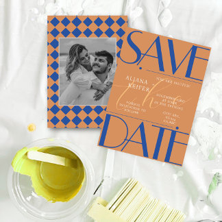 Retro minimalistisch geruit patroon blauw bruiloft save the date