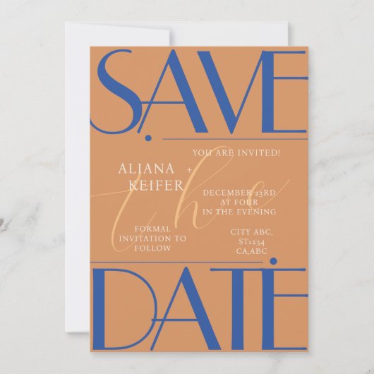 Retro minimalistisch geruit patroon blauw bruiloft save the date (Voorkant)