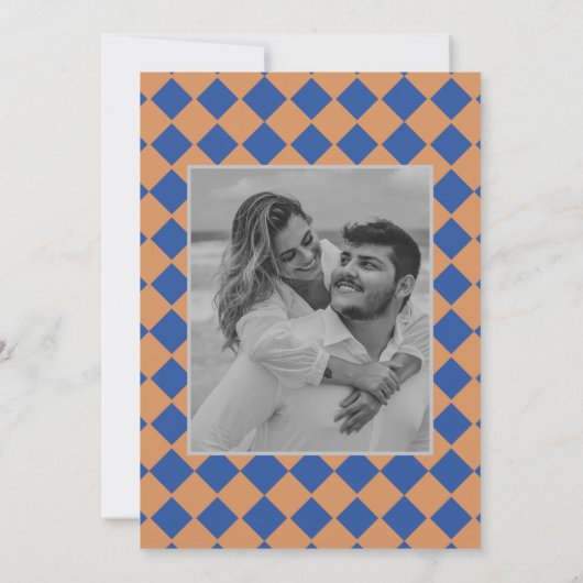 Retro minimalistisch geruit patroon blauw bruiloft save the date (Achterkant)