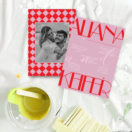 Retro minimalistisch geruit patroon roze bruiloft kaart