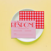 Retro minimalistisch geruit patroon roze bruiloft RSVP kaartje