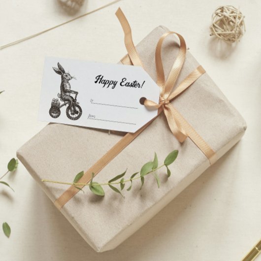 Retro Minimalistische Bunny Bike Egg Basket Pasen Cadeaulabel