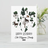 Retro minimalistische herten tussen kerstbomen feestdagenkaart (Staand voorkant)