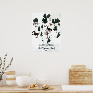 Retro minimalistische herten tussen vakantiebomen poster