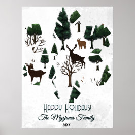 Retro minimalistische herten tussen vakantiebomen poster