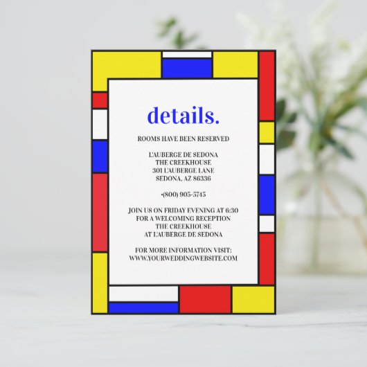 Retro minimalistische primaire kleuren RSVP kaartje (Staand voorkant)