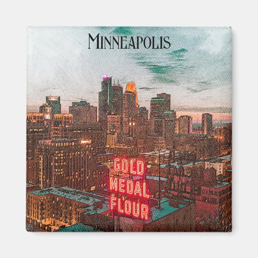 Retro Minneapolis Minnesota Travel Skyline Magneet (Voorkant)
