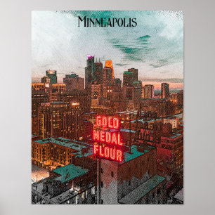  Retro Minneapolis Minnesota Travel Skyline Poster