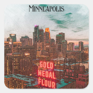  Retro Minneapolis Minnesota Travel Skyline Vierkante Sticker